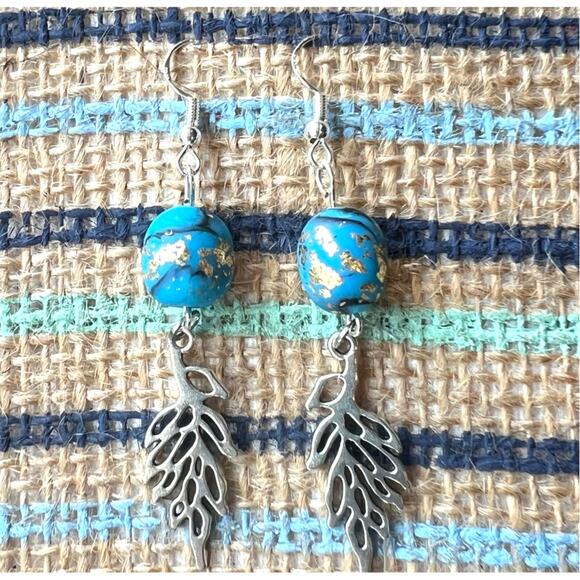 Handmade Blue & Gold Clay Bead Dangle Earrings with Silver Leaf Charm 2.75" Long - Picture 2 of 3